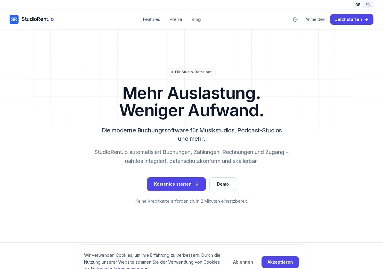 Screenshot der Webseite von StudioRent.io